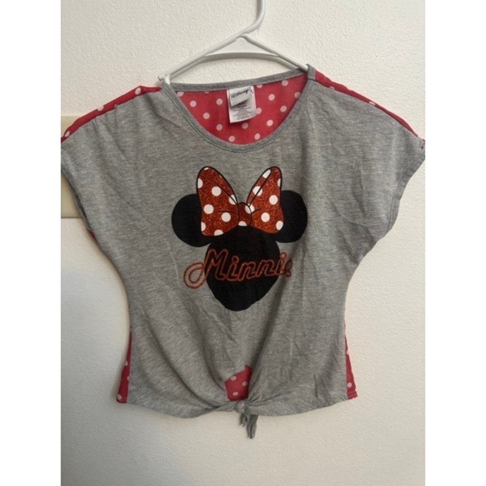 Disney Minnie Mouse Girl Gray Red Polka Dot Tie Front Graphic Tee Shirt 6/6X (G)